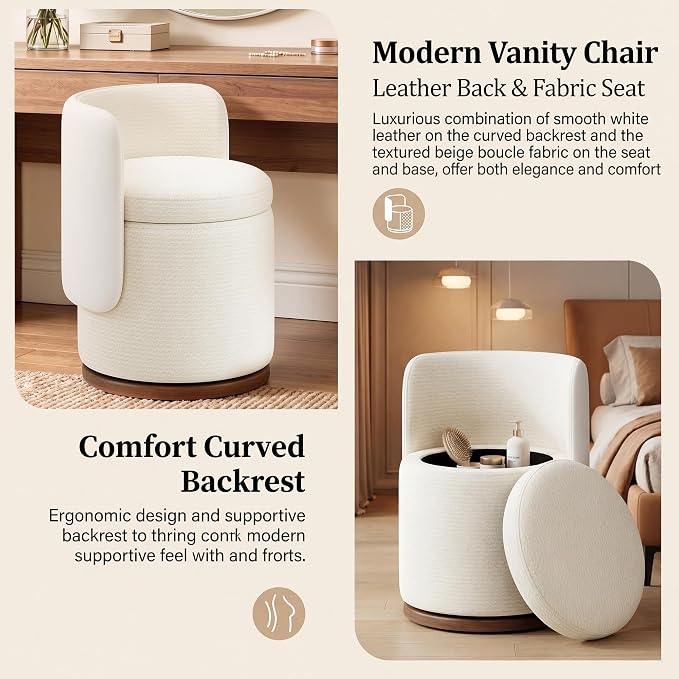 Ottoman with Storage, Round Vanity Stool with Back | 22L Hidden Seat, 360° Swivel, Reversible Lid, No Wheels, Upholstered Makeup Footstool for Bedroom