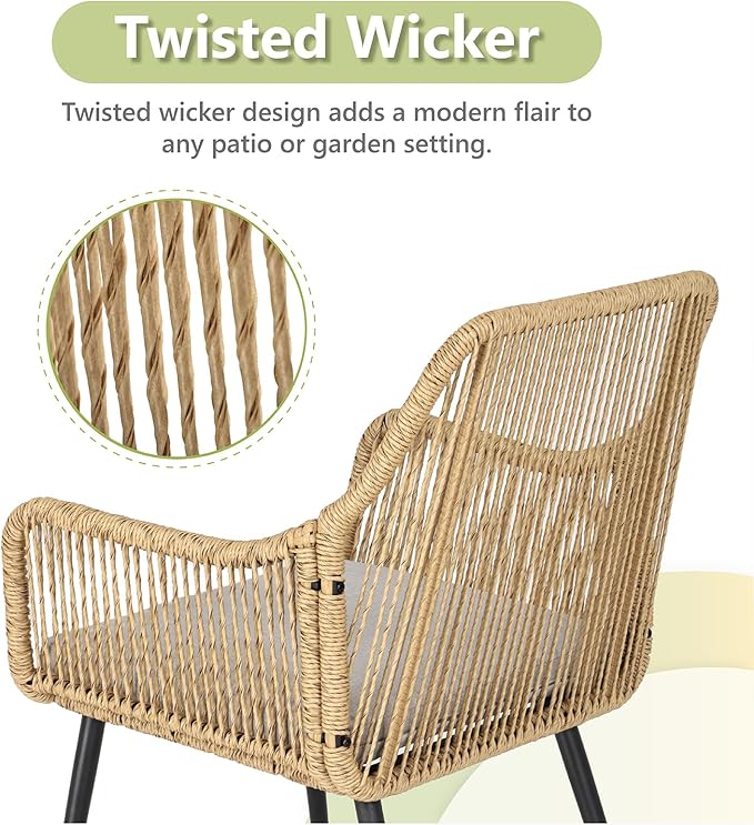 Patio Dining Chairs, Outdoor Dining Chairs with Armrest & Cushion Set of 2, All-Weather Woven Twisted Wicker Rattan Chair, Modern Indoor Outdoor Seating for Garden Lawn Backyard Natural