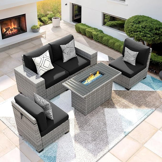 5 Piece Patio Furniture Set with Fire Pit Table, Outdoor Sectional Conversation Sets Grey Wicker Rattan Sectional Sofa for Patio Garden Backyard, 4'' Thickened Cushion Black