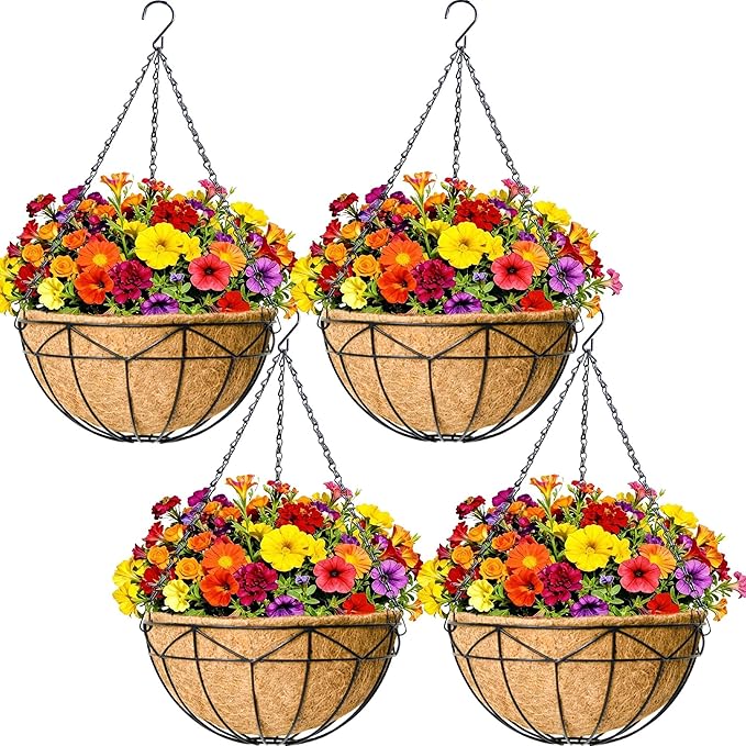 4 Pack 12" Round Metal Hanging Basket for Outdoor Plants Durable Large Hanging Planter with Coco Coir Round Plant Holders Planter for Outside Garden Decoration (Geometric)