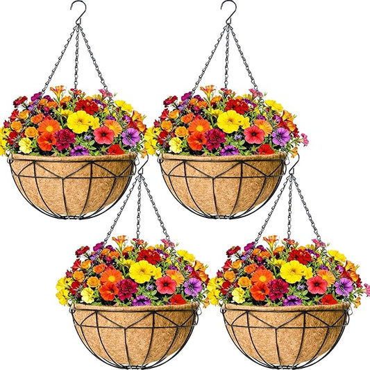 4 Pack 12" Round Metal Hanging Basket for Outdoor Plants Durable Large Hanging Planter with Coco Coir Round Plant Holders Planter for Outside Garden Decoration (Geometric)