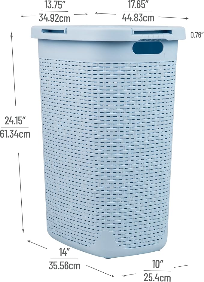 Mind Reader Slim Laundry Hamper with Lid, 60L Tall Clothes Basket, Narrow Tapered Design for Bathrooms, Closets and Laundry Rooms, Plastic, Baby Blue