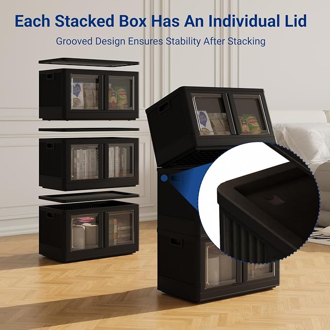 FLEXIMOUNTS 304 QT Stackable Plastic Storage Bins With Lids, Black