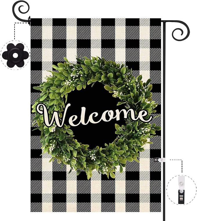 Baccessor Boxwood Wreath Welcome Garden Flag Double Sided, Buffalo Plaid Check Spring Yard Flag Burlap, Small Farmhouse Rustic Flags for Outdoor Outside Decor 12.5 X 18 Inch