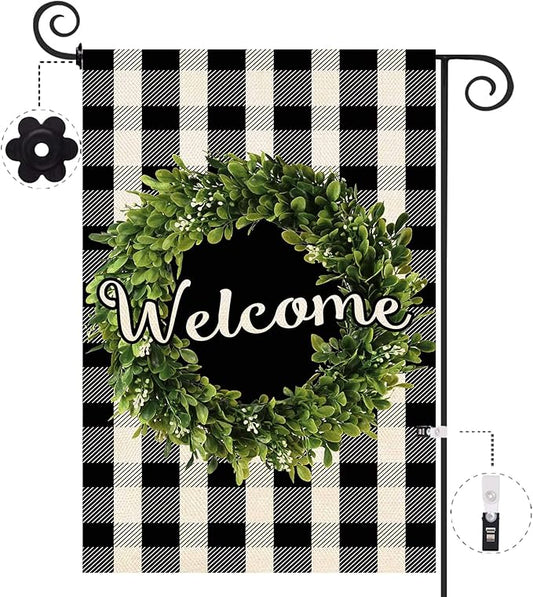 Baccessor Boxwood Wreath Welcome Garden Flag Double Sided, Buffalo Plaid Check Spring Yard Flag Burlap, Small Farmhouse Rustic Flags for Outdoor Outside Decor 12.5 X 18 Inch