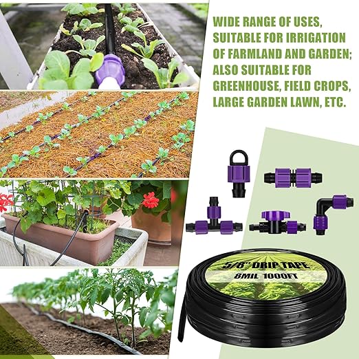 Tondiamo 1000' 5/8 Inch Drip Tape Irrigation Tubing Kit 16 Mil 6" Spacing Garden Hose Watering Tube Line Automatic Equipment for Garden Irrigation System Farms, Landscape, Lawn