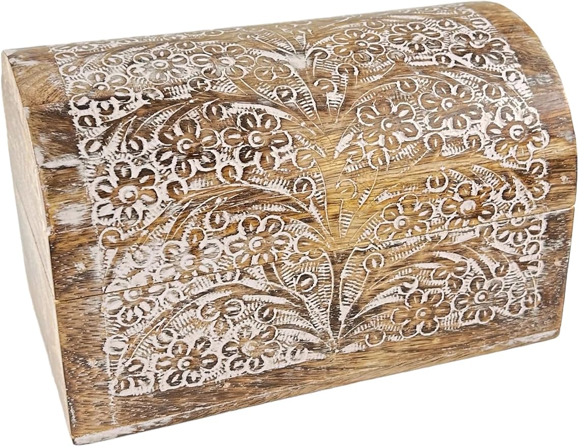 Premium Handmade Wooden Treasure Chest Decorative Trunk for Keepsakes Semicircular Curved Floral Jewellery Box Trinket Box Ladies Jewellery Storage Case Handcrafted Home Decor (White & Brown)