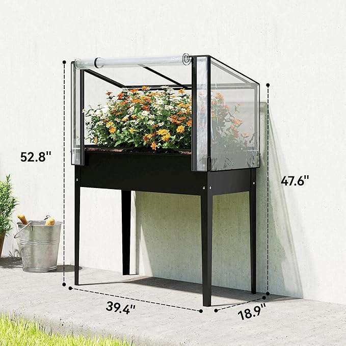 Outsunny Raised Garden Bed with Flip-Up Greenhouse Cover, Metal Elevated Garden Bed with Legs and Drainage Hole, Outdoor Raised Planter Box for Vegetables Herbs Flowers, 39.4" x 18.9" x 52.8", Black