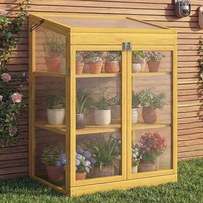 Wooden Cold Frame Greenhouse, Garden Portable Mini Solid Wood Greenhouse Cabinet with Transparent Flip-Top Roof, Raised Flower Plants Shelf Protection for Outdoor Indoor, Natural