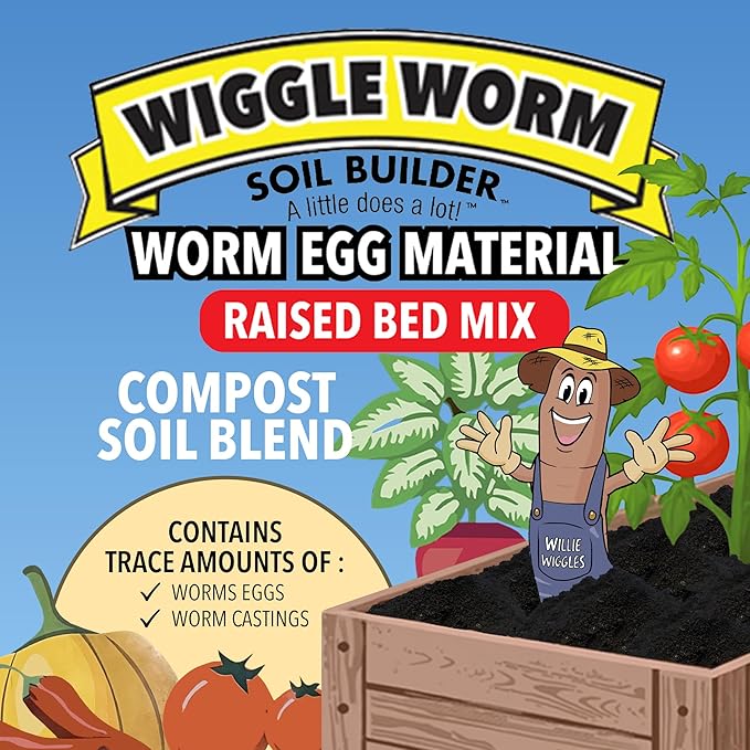 Wiggle Worm Raised Bed Mix, 40lbs - Organic Soil and Fertilizer for Container Gardening - Worm Egg Material Mixed with Odor Free Pure Worm Castings