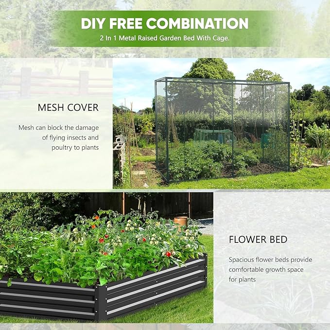 DoCred Crop Cage with Raised Garden Bed, 72.8" x 37.4" x 59" Plant Protection Tent Garden Cages with Window, 2 in 1 Galvanized Raised Garden Bed Kit and Mesh Cover for Garden, Yard, Lawn