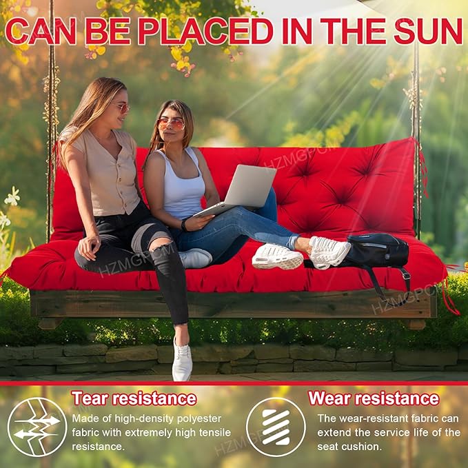 Premium 5" Thick Waterproof Outdoor Swing Cushions Sturdy Durable 2 Seat Replacement Porch Swing Cushions with Backrest&Ties Bench Cushion for Outdoor Furniture Backyard Patio (Bright red)