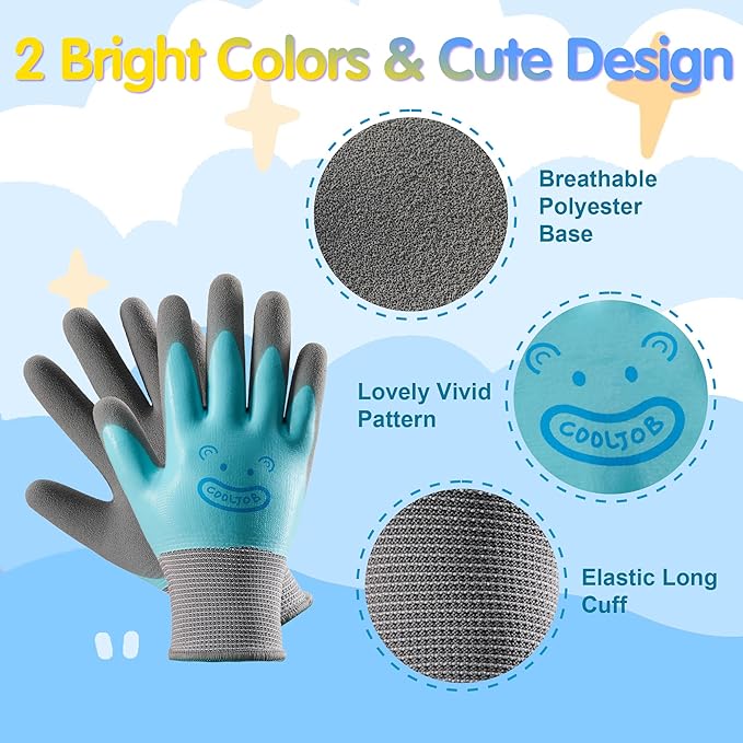 COOLJOB Double Coated Kids Gardening Gloves with Grip, Non-Slip Waterproof Rubber Work Gloves for Boys and Girls Ages 2-4, Anti-slip Durable and Super Soft, Blue & Yellow, 2 Pairs, Small