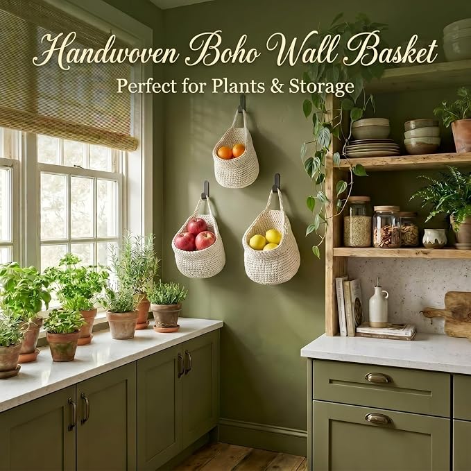 Honeydak 3 Hanging Baskets, White, Barrel, Cotton Rope | Wicker Wall Baskets with Hooks for Fruit Vegetable Onion Storage, Teardrop Organizer for Kitchen, Boho Farmhouse Decor