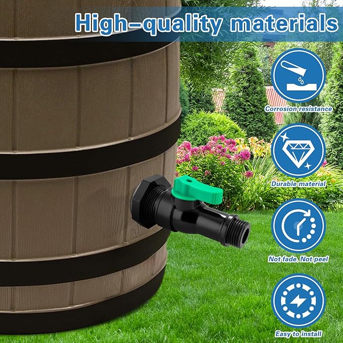Plastics Rain Barrel Spigot Kit,High Flow Valve Core Water Tank Faucet+PVC Bulkhead Fitting,Straight Head 3/4 NPT to 3/4 GHT Rain Barrel Spigot for Plastic Bucket rainwater Drum Container