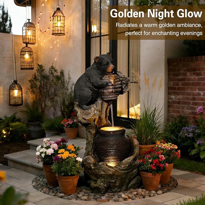 Sunlinua 33" H Bear Outdoor Water Fountain, Decorative Resin Water Fountain with LED Lights, Garden Waterfall Fountains Indoor and Outdoor for Patio, Porch, Courtyard, Home Decor