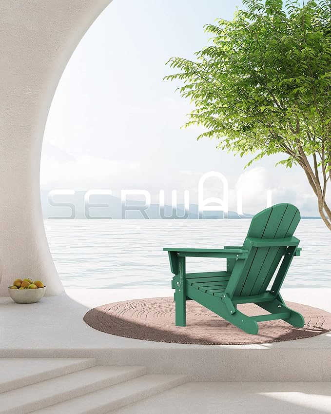 SERWALL Folding Adirondack Chair Outdoor Adirondack Chairs with Cup Holder Weather Resistant Patio Chair with Wood Textured for Patio Deck Garden, Backyard, Fire Pit - Green