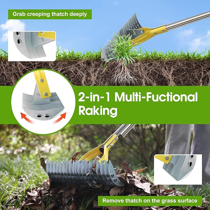 2-in-1 Thatch Rake for Lawn Long Stainless Steel Thatching Rake with Sharp Dethatching Blade Manual Dethatcher & Scarifier Tool for Dead Grass Removal,Soil Loosening Garden Yard Lawn Care (55inch)