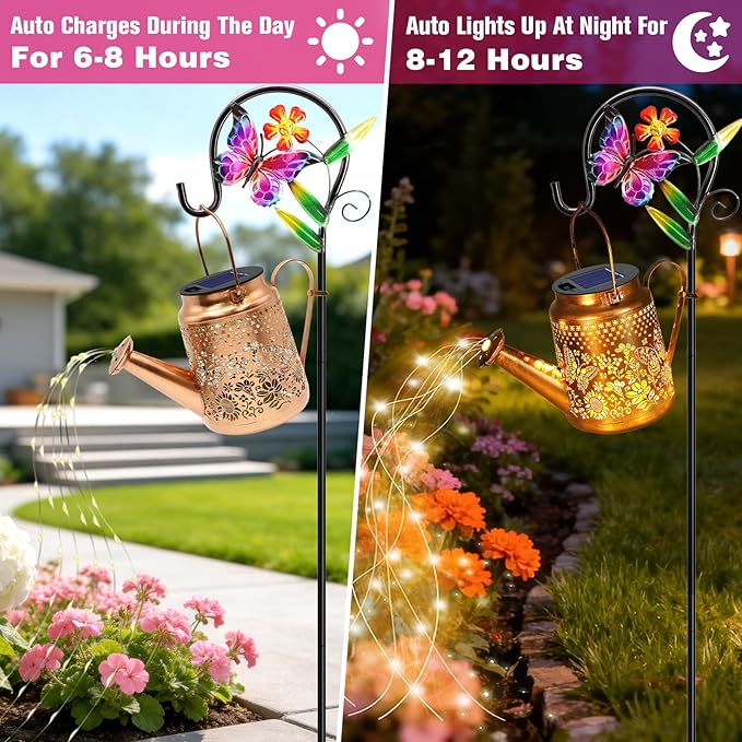 VOOKRY Solar Lights Outdoor Waterproof, Butterfly Retro Metal Solar Watering Can Lights, Gifts for Women Mom Grandma Mother's Day, Hanging Lantern Decorative Garden Decor for Outside Yard Lawn Patio