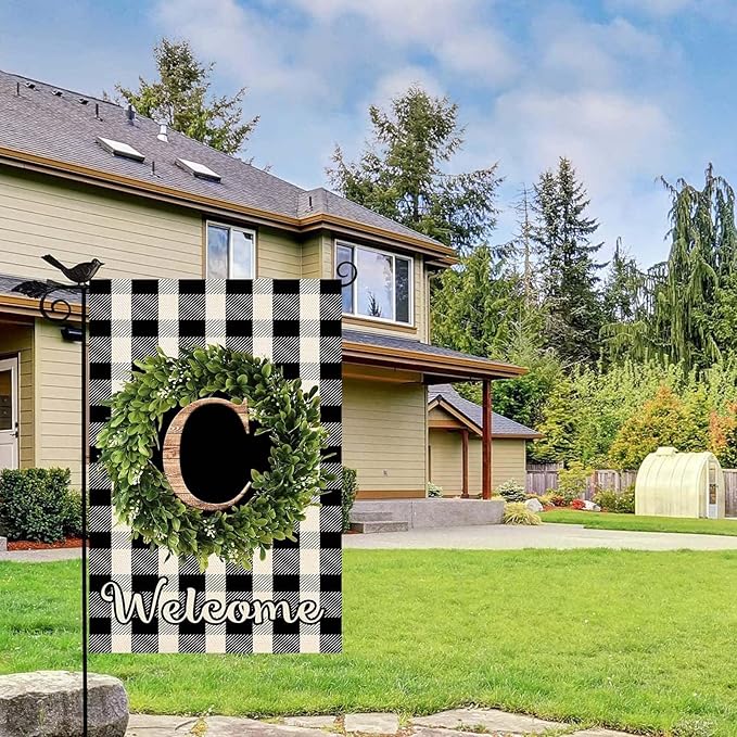 Baccessor Monogram Letter C Garden Flag 12.5 x 18 Inch, Buffalo Plaid Family Last Name Initial Boxwood Wreath Welcome Vertical Double Sided Small Flags for Outdoor Outside Decoration