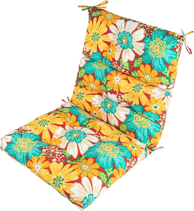 Magpie Fabrics Indoor Outdoor Tufted High Back Chair Cushion Set of 2, Waterproof All-Weather Deep Seating Rocking Chair Patio Chaise Lounge Sun Lounger Chair Cushions(Embry Red Hibiscus)