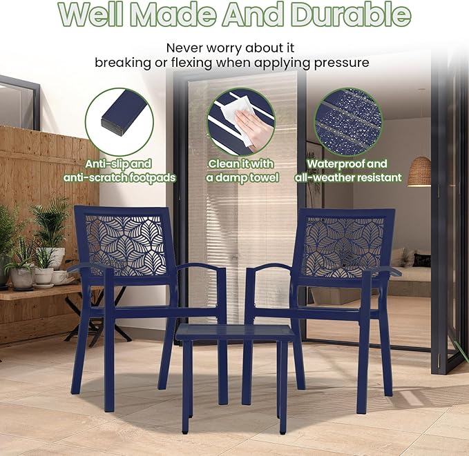BUPPLEE 3 Piece Patio Bistro Set, Outdoor Steel Furniture Set, Stackable Modern Conversation Sets for Balcony Garden Deck Patio w/2 Chairs 1 Table, Peacock Blue