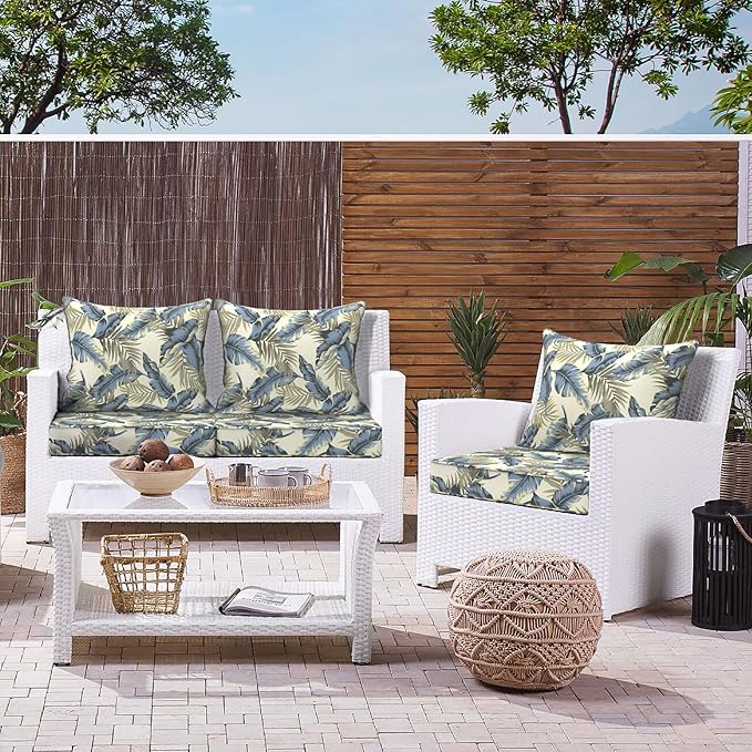 LVTXIII Outdoor Deep Seat Cushion 22"x22"x4" Patio Seat and Back Cushion Set Seasonal Chair Cushion for Dining Arm Chairs, Wicker Chairs and Garden Furniture Decoration, Lush Palm Blue