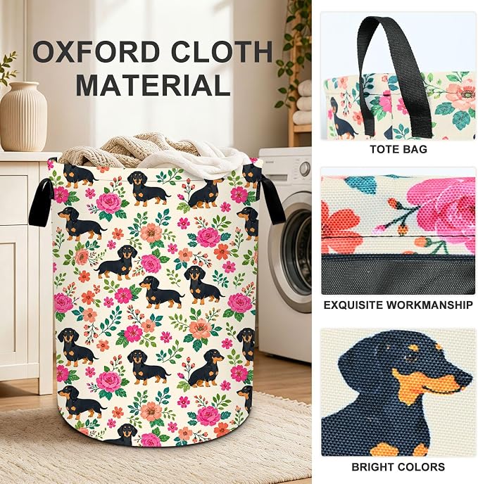 Dog Laundry Basket Collapsible Oxford Laundry Hamper Clothes Storage Bin with Handles for Bedroom Bathroom Laundry Room 19.6 x 15.7 Inches