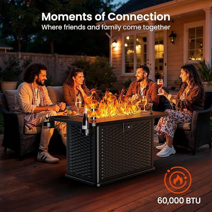AMADA HOMEFURNISHING 43 Inch Propane Fire Pit Table, 60,000 BTU Gas Fire Pit with Premium Glass Rocks, Wind Guard Glass Shield, Waterproof Cover, Cup Holders, Fire Table for Patio and Garden