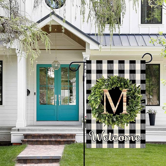 Baccessor Monogram Letter M Garden Flag 12.5 x 18 Inch, Buffalo Plaid Family Last Name Initial Boxwood Wreath Welcome Vertical Double Sided Small Flags for Outdoor Outside Decoration