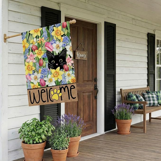 CROWNED BEAUTY Spring Summer House Flag Black Cat Double Sided 28x40 Inches Large Burlap Welcome Holiday Seasonal Yard Decoration for Outside Porch
