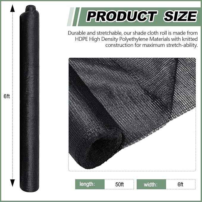 6 x 50 ft Black Shade Cloth Roll for Covering Garden 70% Mesh UV Resistant Net with Ties for Patio Outdoor Greenhouse Fence Flower Plant Cover Canopy