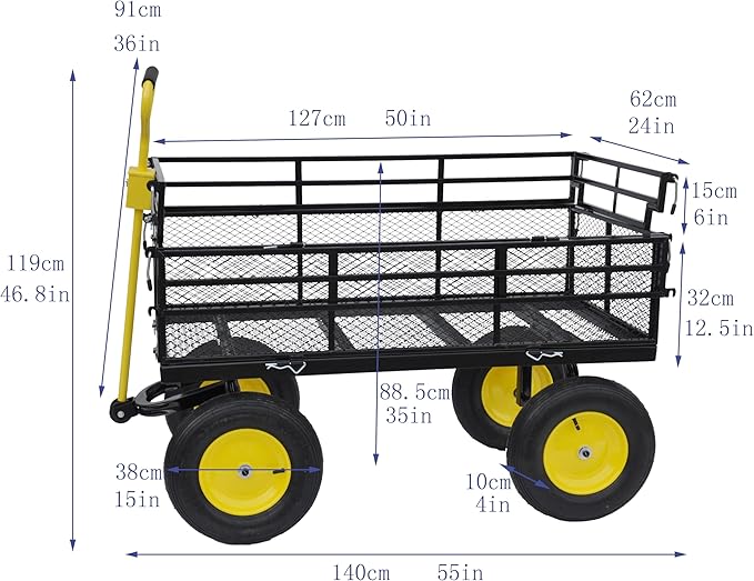 Heavy-Duty Iron Garden Cart Wagon with 1100 lbs Capacity, 15 inch Pneumatic Tires for Firewood, Debris & Outdoor Tasks - 55" L x 24" W x 46.8" H,Yellow & Black