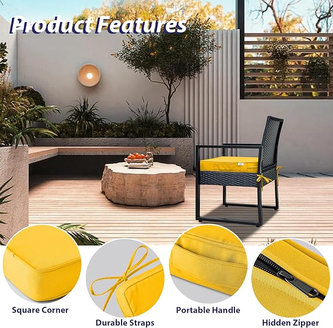IPYNBAP Outdoor Chair Cushions Set of 4,Waterproof Outdoor Seat Cushions for Patio Furniture,Patio Chair Cushion with Handle and Ties, Square Out Door Chair Pads,19" x 19" x 3", Yellow