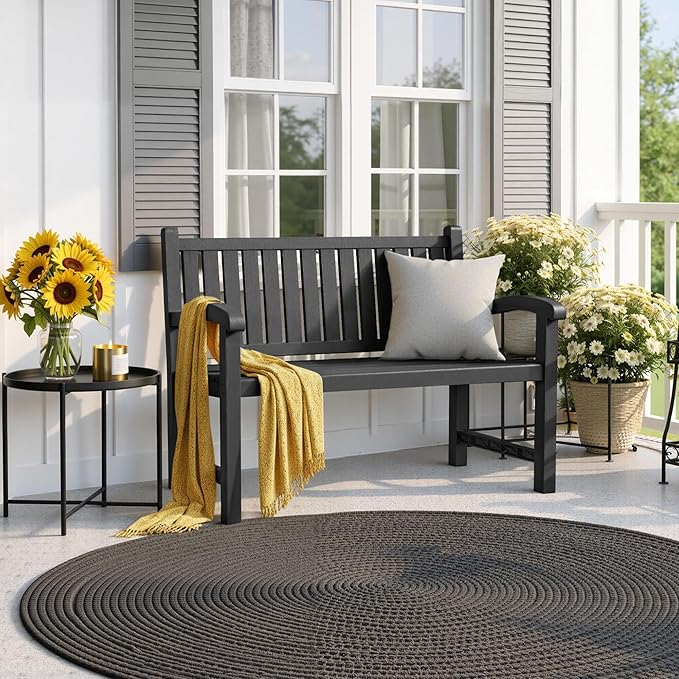PatioZen Outdoor Bench, Waterproof & Weatherproof Garden Bench with Ergonomic Design, 2-Person Resin Bench for Porch, Deck, Patio, Outdoor, Garden & Park(Black)
