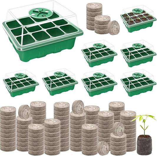 Halatool 8 Pack Seed Starter Tray with 100 PCS Peat Pellets, 96 Cells Green Seeding Starter Trays for Organic Seed Starter Soil Pods for Planting Vegetables Plants Flowers - Starting Seeds Kit