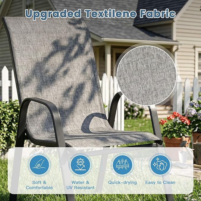 DIFY Patio Chairs Set of 2, Stackable Outdoor Dining Chairs Set with Breathable Textilene High Back and All-Weather Metal Frame for Garden, Backyard, Deck, Grey
