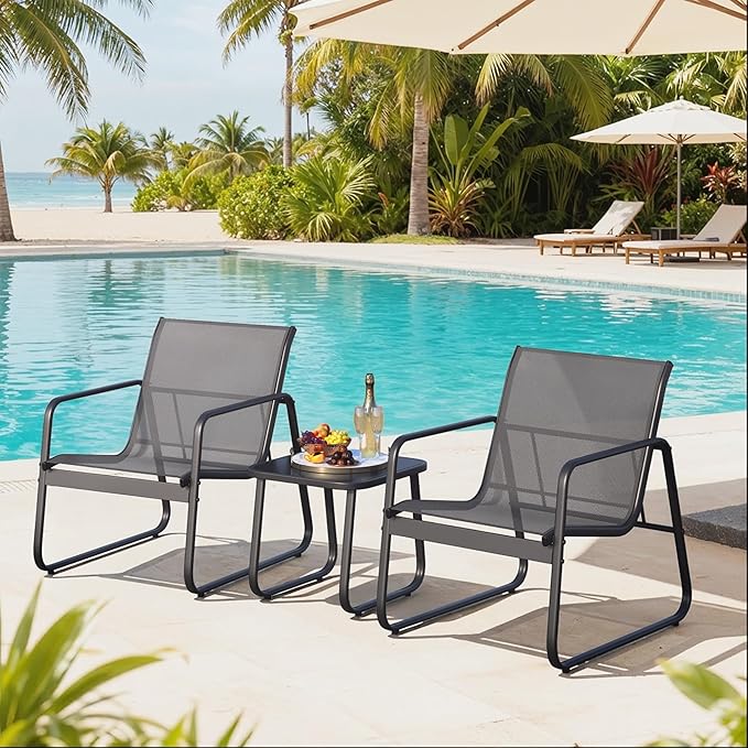 Gizoon Patio Chairs Set of 2, 3 Piece Patio Furniture Set, Bistro Sets,with Textilene Fabric, Metal Frame Coffee Table, Outdoor Chairs Set, for Balcony, Backyard,Lawn, Garden, Poolside, Grey