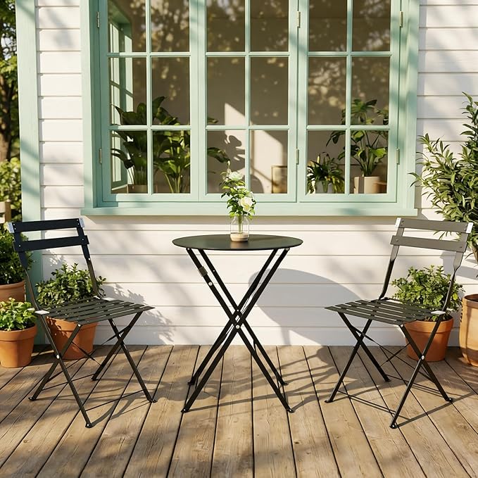 3-Piece Folding Bistro Set, 2 Chairs and 1 Coffee Table, Space Saving Weather-Resistant Frame, Portable Indoor/Outdoor Patio Furniture Conversation Set for Garden Porch Balcony Deck - Black
