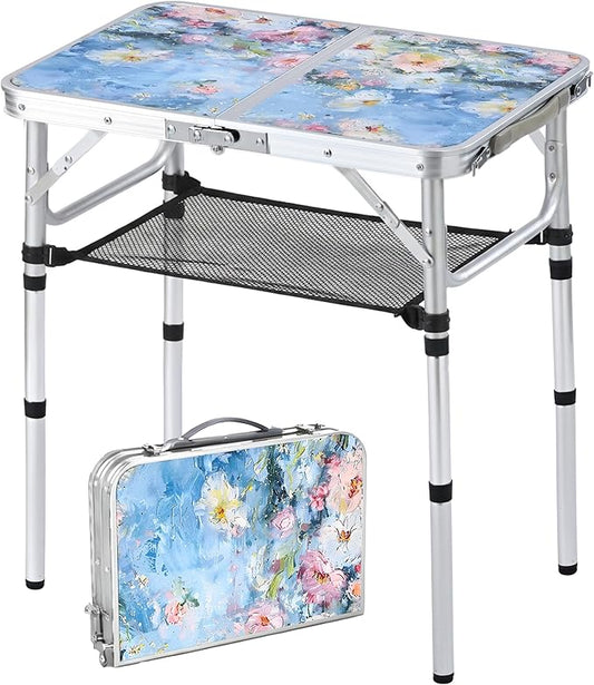 Outdoor Side Table, Portable 3 Adjustable Height Small Outdoor Folding Table, Aluminum Foldable Patio Side Tables for Outside Indoor, Plant Stand Coffee End Table for Garden, Balcony(Provence Dreams)