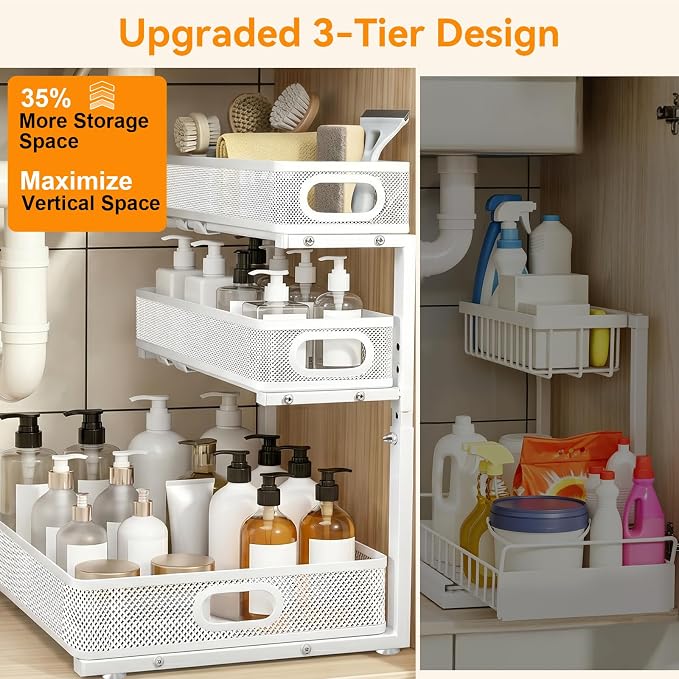 3 Tier Adjustable Under Sink Organizer for Bathroom & Kitchen(1Pack, White)