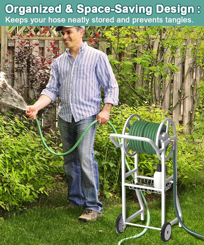 Artigarden Garden Hoses Reel Cart with Wheels, Outdoor Heavy Duty Powder Coated Steel Water Winder Storage Holds 125 ft 5/8" Hose with 3.9ft Leader Hose and Basket for Backyard, Yard, Lawn, White