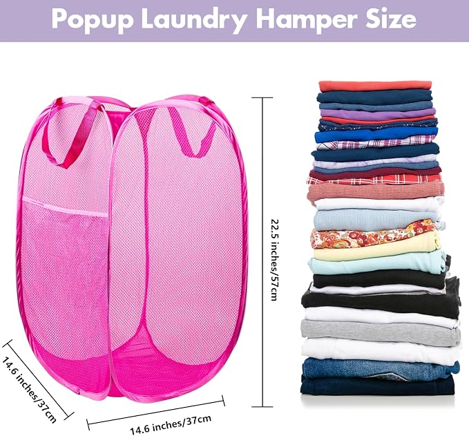 2 Pack Pop Up Laundry Hampers, 70 L Collapsible Foldable Mesh Basket, Pink | Reinforced handles, breathable fabric, foldable, portable for dorm college travel camping cruise, dirty clothes, toys storage