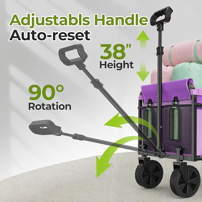 Purple Collapsible Wagon Cart, Lightweight Folding Utility Cart with Wheels, 220lbs Capacity Portable Grocery Cart for Sporting Events, Garden, Shopping (Purple)