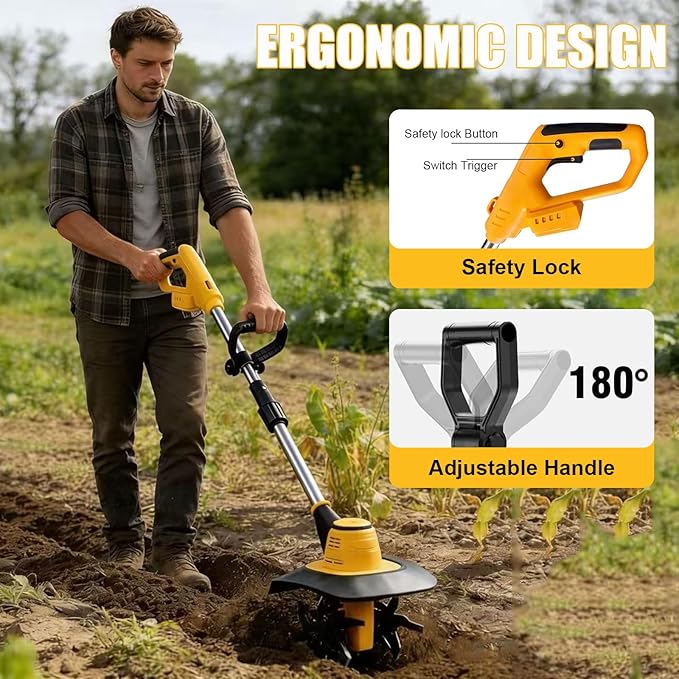 Cordless Tiller Cultivator Compatible with Dewalt 20V MAX Battery, Electric Garden Tiller w/360 RPM, 9In Tilling Width & 7In Depth, Rototiller for Lawn/Soil Cultivation (Battery Not Included)