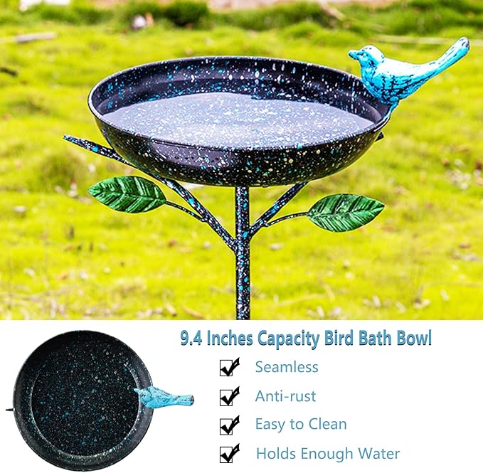 Bird Baths for Outdoors, 41" Tall Black Birdbath with Stake, Metal Bird Baths & Feeder with 9.4" Bowl & Decorative Cast Iron Bird for Outside Garden Yard Decor