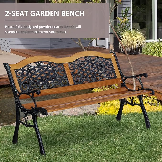 Outsunny 50" Outdoor Garden Bench, Park Bench with Pine Wood Seat, Antique Plastic Flourish Backrest, Patio Loveseat for Porch, Backyard, Deck, Lawn, Outside Pool, Antique Green and Natural Wood