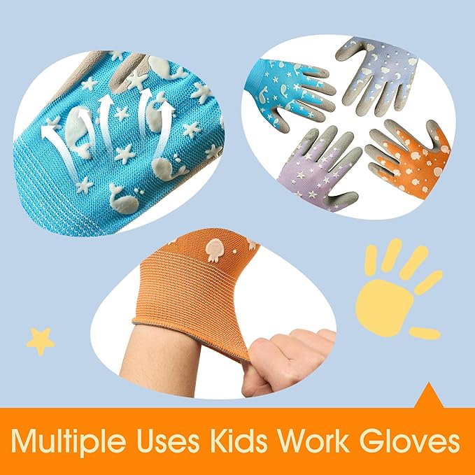COOLJOB Glow in The Dark Kids Gardening Gloves for Age 3-5, 2 Pairs Children Reflective Yard Work Rubber Coated Gloves, Blue with Whale, Orange with Jellyfish, Small