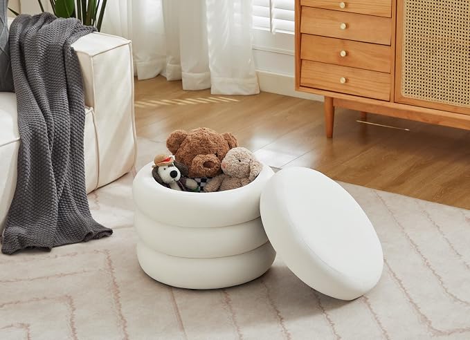 Flouki 19.5" Storage Ottoman Round, Vanity Stools for Bedroom, Entryway Ottoman for Console Table, Ottoman Stool for Girls Women, Foot Stool for Living Room, Velvet White