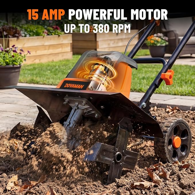 DOVAMAN 18-Inch Electric Garden Tiller, 15-Amp Corded Cultivator with Up to 9-Inch Tilling Depth, 4-Position Adjustable Wheels & Foldable Handle for Soil Preparation